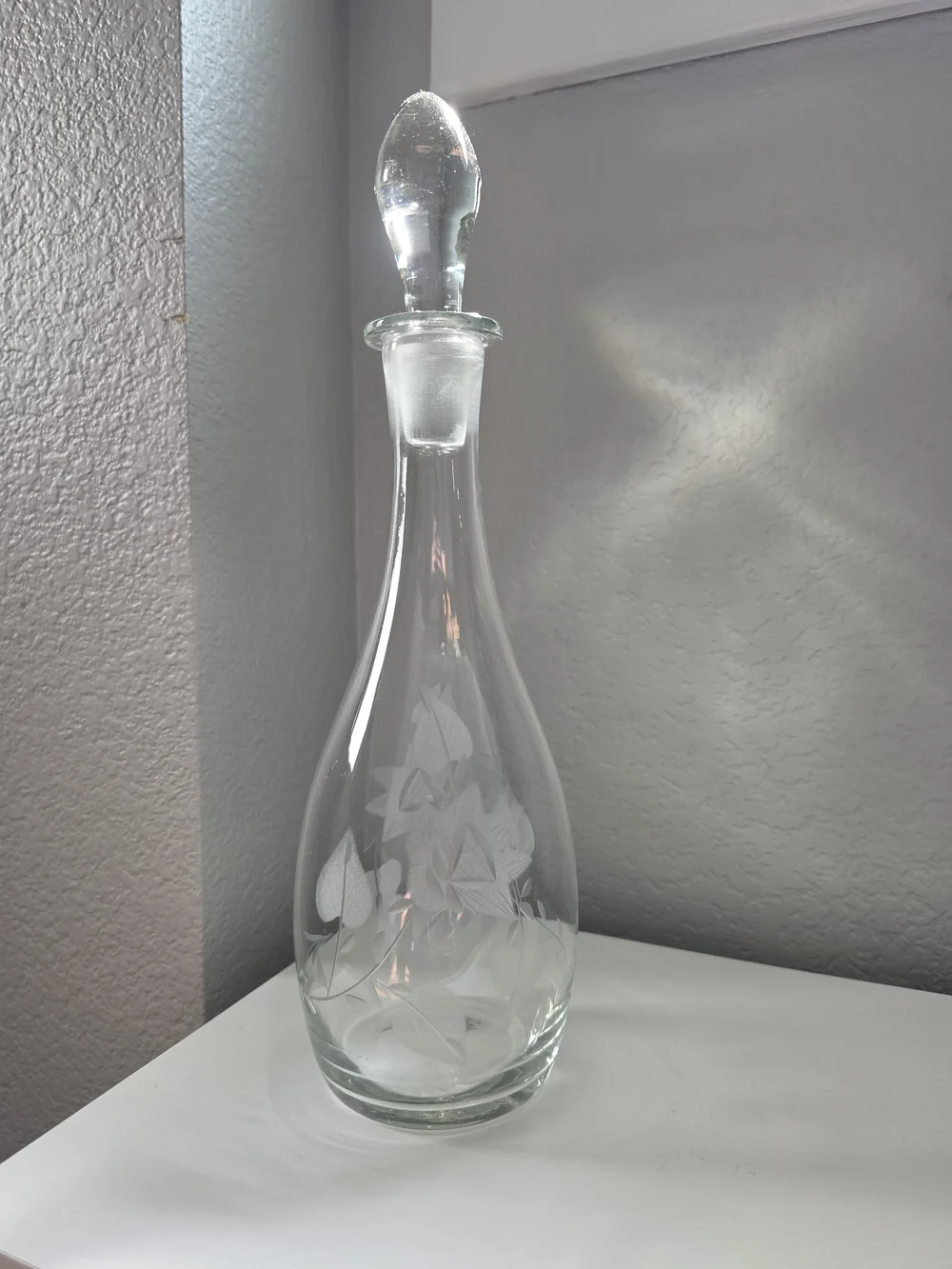 Vintage Romanian Etched Glass Decanter with Stopper - Clear